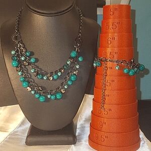 121. Metallic & Jade Colored Beaded Statement Necklace & Bracelet Set